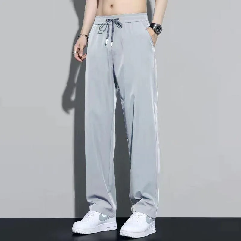 Men's Ice Silk Summer Trousers Lightweight Quick-Drying Casual Pants Loose Fit Straight Leg Drape Trousers for Sports and Everyday Wear thumbnail 5