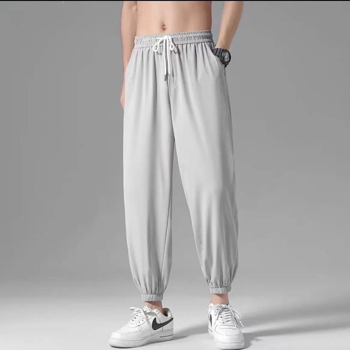 Men's Ice Silk Summer Trousers Lightweight Quick-Drying Casual Pants Loose Fit Straight Leg Drape Trousers for Sports and Everyday Wear thumbnail 8