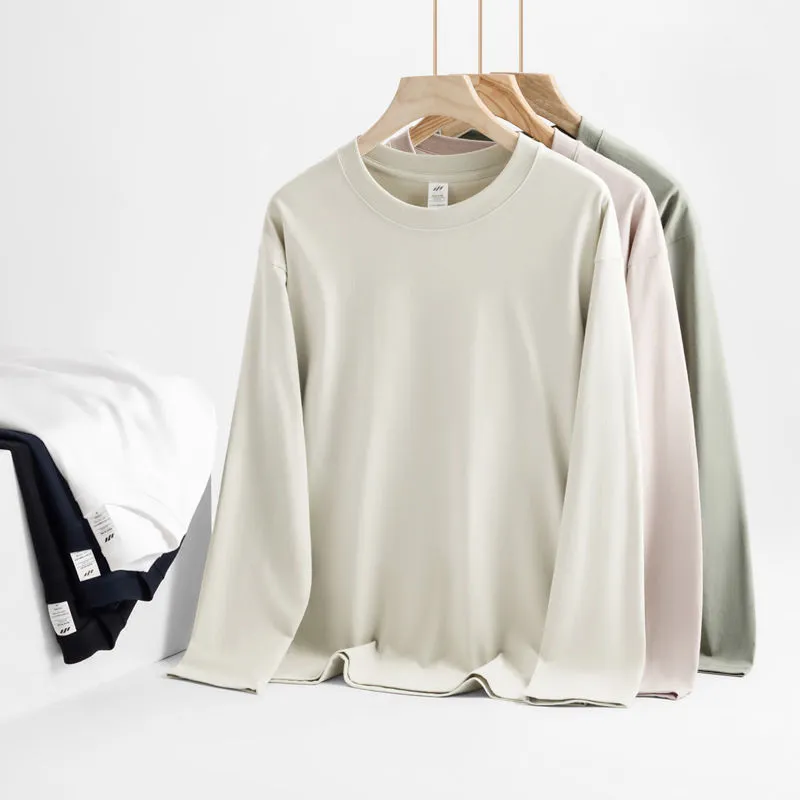 Men's Heavyweight Combed Cotton Long Sleeve T-Shirt, American Style Loose Fit Solid Color Undershirt, Autumn Winter Casual Top thumbnail 3