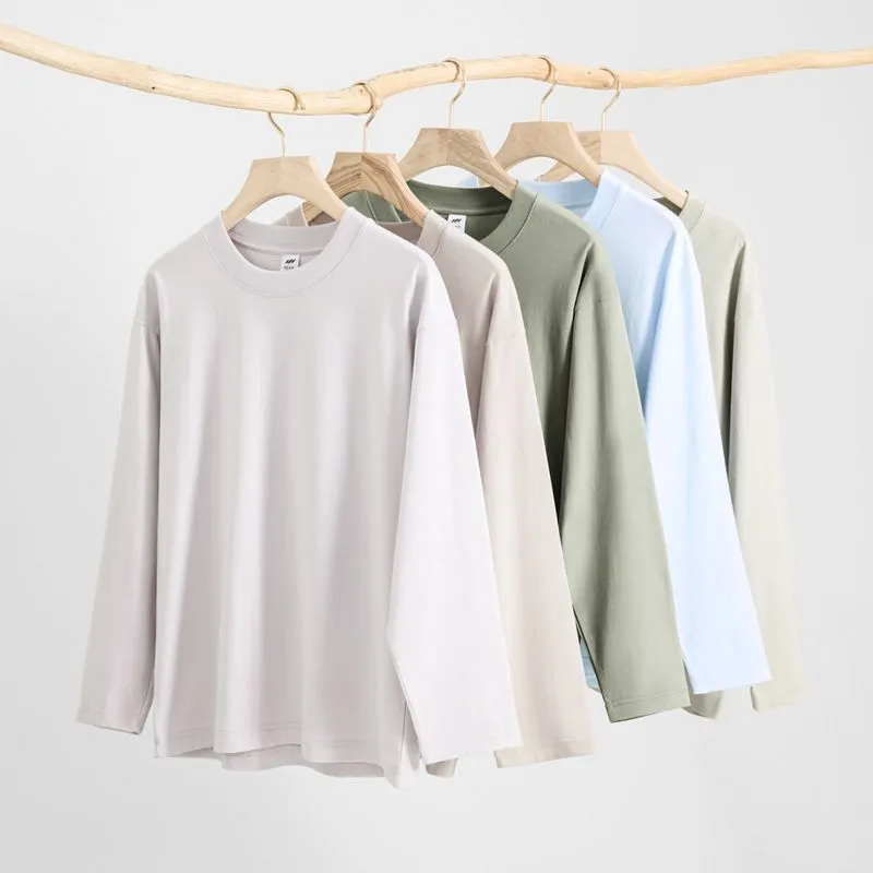 Men's Heavyweight Combed Cotton Long Sleeve T-Shirt, American Style Loose Fit Solid Color Undershirt, Autumn Winter Casual Top thumbnail 2