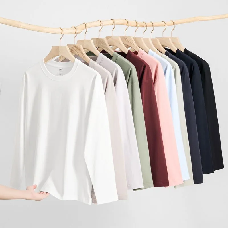 Men's Heavyweight Combed Cotton Long Sleeve T-Shirt, American Style Loose Fit Solid Color Undershirt, Autumn Winter Casual Top thumbnail 1