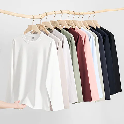 Men's Heavyweight Combed Cotton Long Sleeve T-Shirt, American Style Loose Fit Solid Color Undershirt, Autumn Winter Casual Top