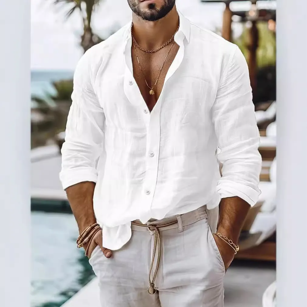 Men's Long Sleeve Cotton Shirt - Casual Business Style Solid Color Button Down Dress Shirt for Work, Everyday Wear, and Special Occasions thumbnail 1