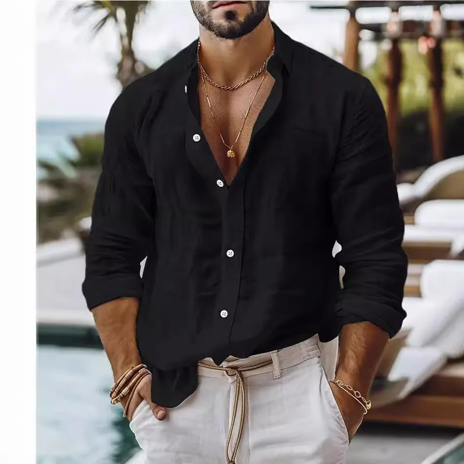 Men's Long Sleeve Cotton Shirt - Casual Business Style Solid Color Button Down Dress Shirt for Work, Everyday Wear, and Special Occasions thumbnail 4