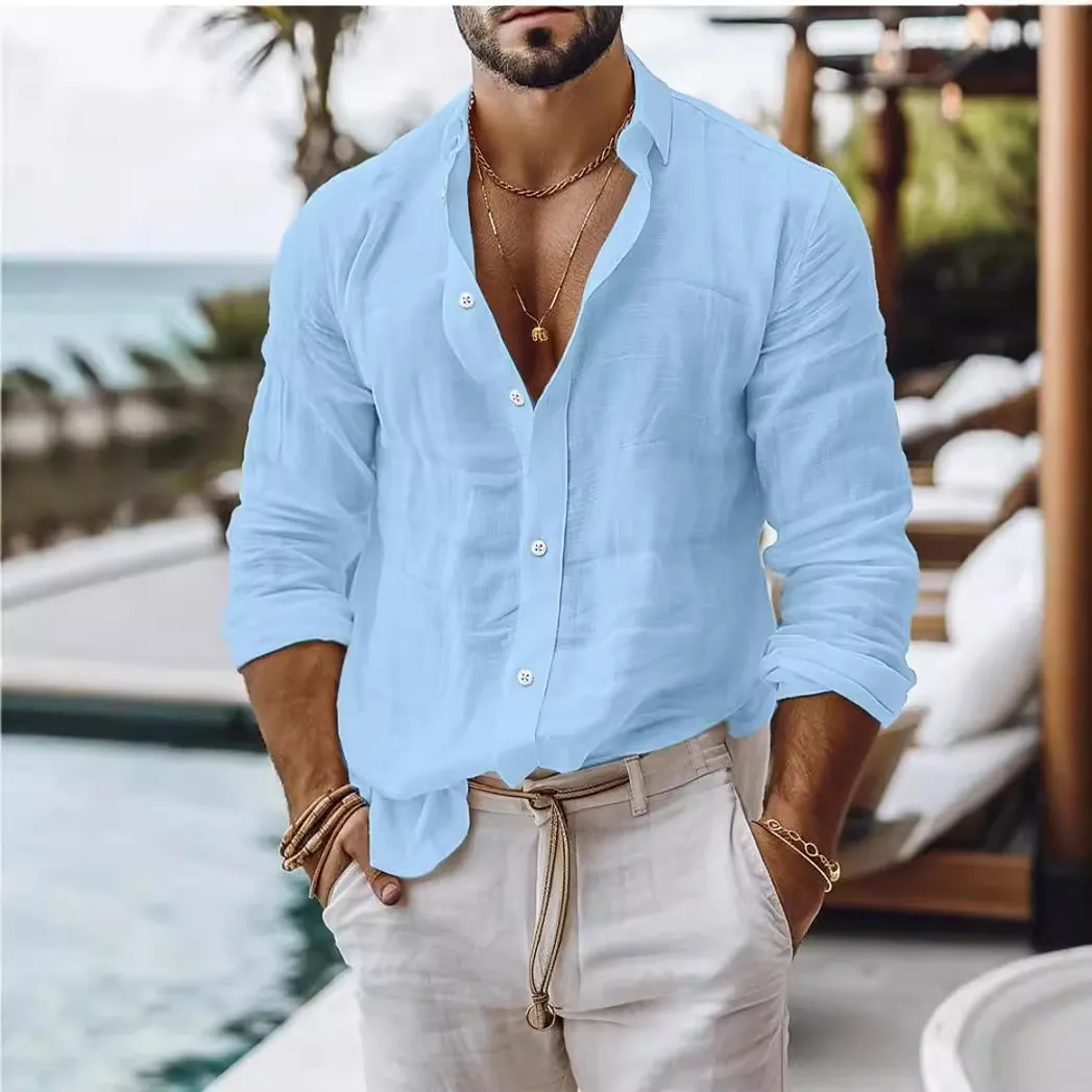 Men's Long Sleeve Cotton Shirt - Casual Business Style Solid Color Button Down Dress Shirt for Work, Everyday Wear, and Special Occasions thumbnail 3
