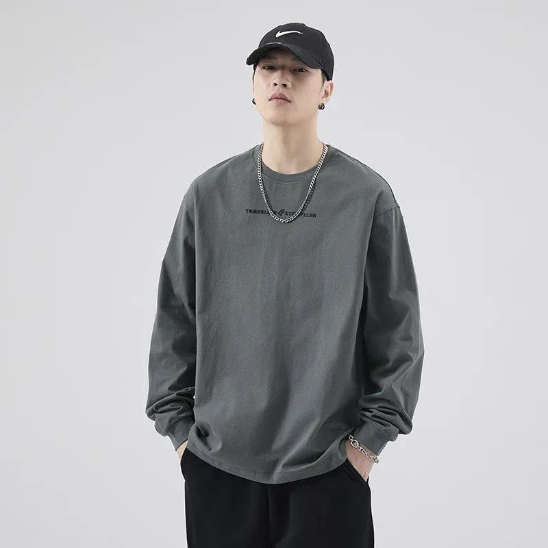 Men's Long Sleeve Cotton T-Shirt Casual Crew Neck Pullover Top | American Style Heavyweight Tee for Spring, Autumn Fashion | Loose Fit Undershirt thumbnail 1
