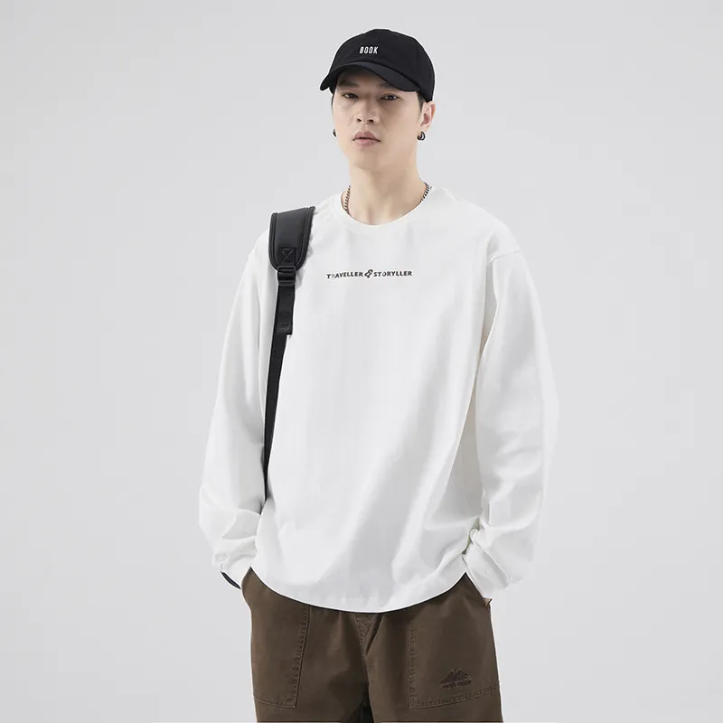 Men's Long Sleeve Cotton T-Shirt Casual Crew Neck Pullover Top | American Style Heavyweight Tee for Spring, Autumn Fashion | Loose Fit Undershirt thumbnail 4