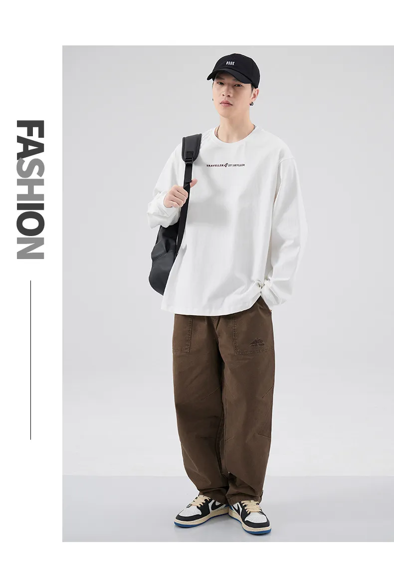 Men's Long Sleeve Cotton T-Shirt Casual Crew Neck Pullover Top | American Style Heavyweight Tee for Spring, Autumn Fashion | Loose Fit Undershirt showcase 13