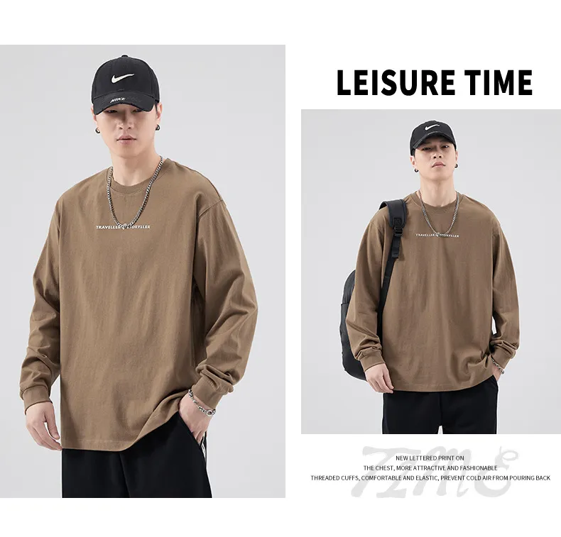Men's Long Sleeve Cotton T-Shirt Casual Crew Neck Pullover Top | American Style Heavyweight Tee for Spring, Autumn Fashion | Loose Fit Undershirt showcase 9