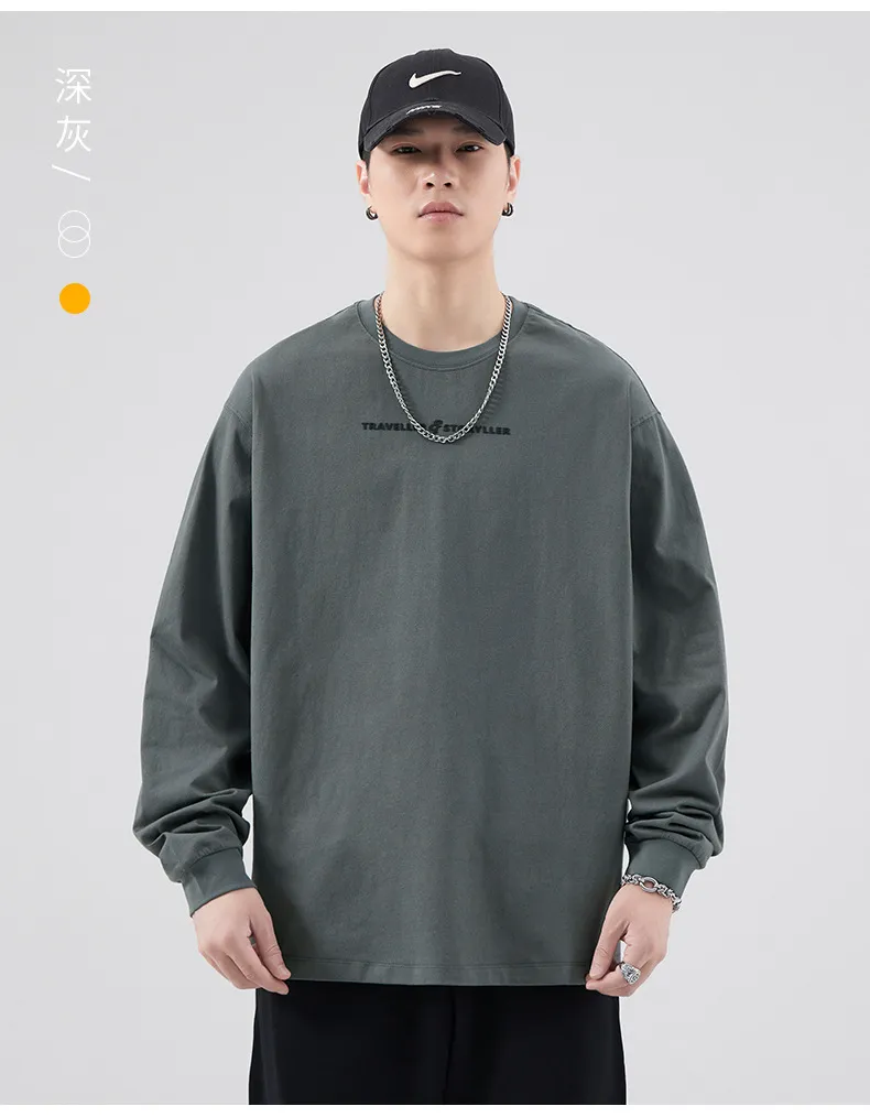 Men's Long Sleeve Cotton T-Shirt Casual Crew Neck Pullover Top | American Style Heavyweight Tee for Spring, Autumn Fashion | Loose Fit Undershirt showcase 14