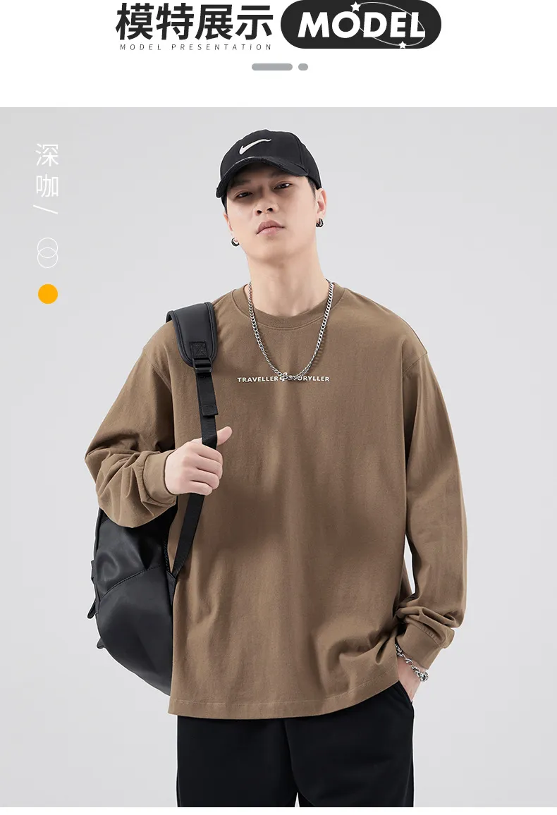 Men's Long Sleeve Cotton T-Shirt Casual Crew Neck Pullover Top | American Style Heavyweight Tee for Spring, Autumn Fashion | Loose Fit Undershirt showcase 8