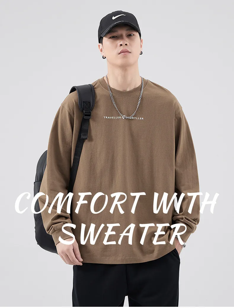 Men's Long Sleeve Cotton T-Shirt Casual Crew Neck Pullover Top | American Style Heavyweight Tee for Spring, Autumn Fashion | Loose Fit Undershirt showcase 1