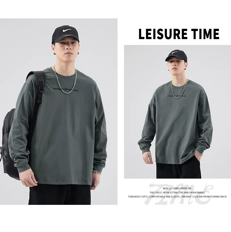 Men's Long Sleeve Cotton T-Shirt Casual Crew Neck Pullover Top | American Style Heavyweight Tee for Spring, Autumn Fashion | Loose Fit Undershirt showcase 15