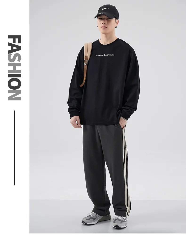Men's Long Sleeve Cotton T-Shirt Casual Crew Neck Pullover Top | American Style Heavyweight Tee for Spring, Autumn Fashion | Loose Fit Undershirt showcase 19