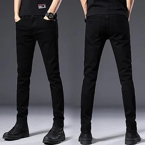 Men's Black Stretch Slim-Fit Skinny Jeans | Korean Style Fashionable Casual Denim Pants | All-Match Comfortable Trousers for Men