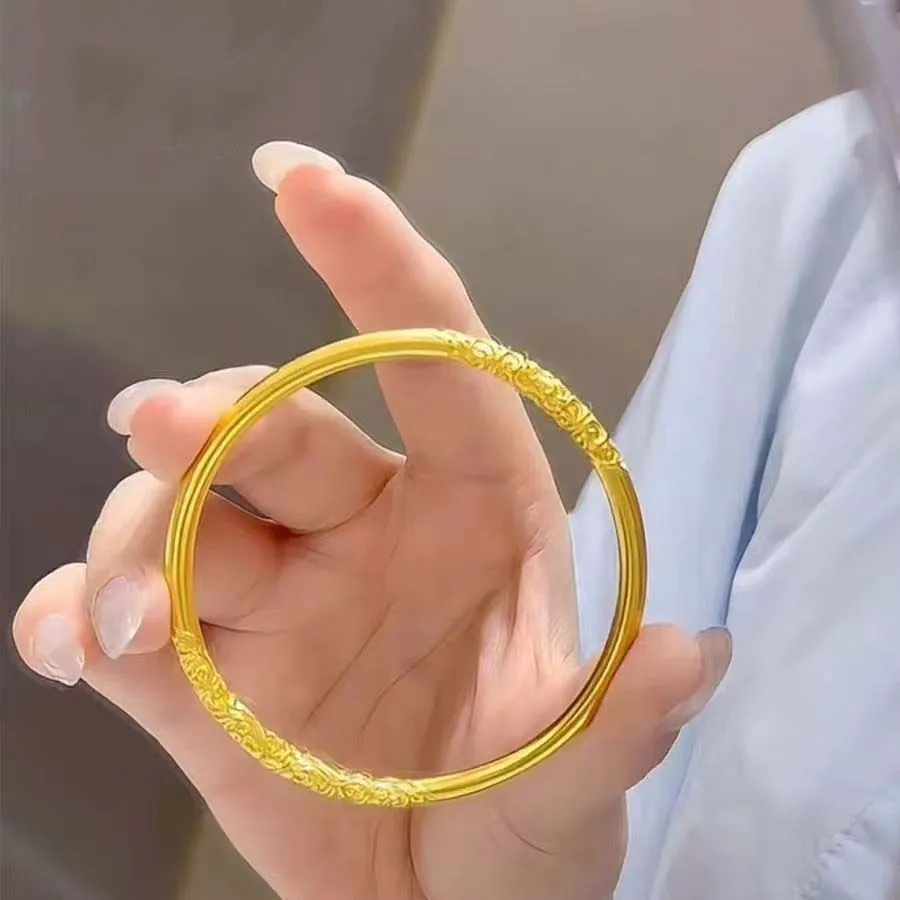 Women's Gold Plated Bracelet, 5mm Vietnam Sand Gold Bangle, Frosted Plain Ring Design, Solid Alloy Jewelry, Wholesale Fashion Bracelet for Women showcase 7