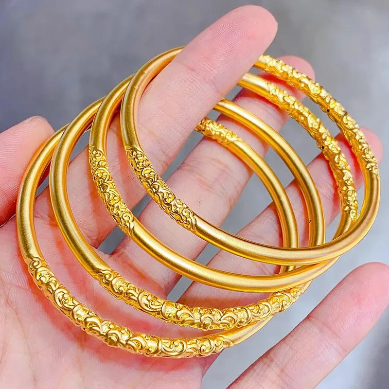 Women's Gold Plated Bracelet, 5mm Vietnam Sand Gold Bangle, Frosted Plain Ring Design, Solid Alloy Jewelry, Wholesale Fashion Bracelet for Women showcase 10