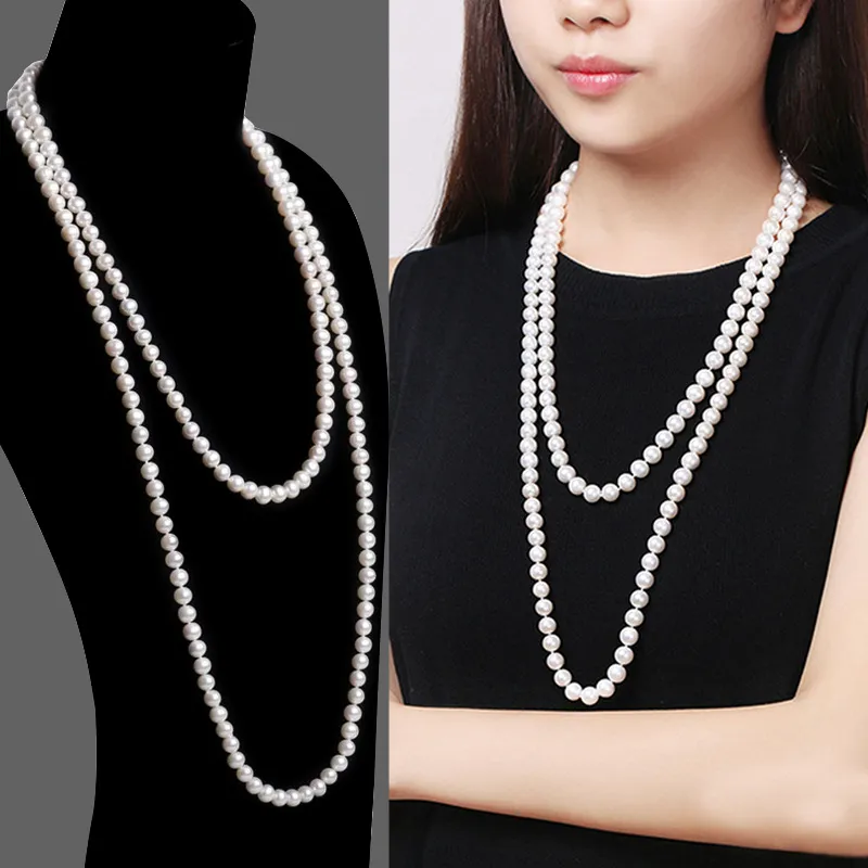 Long Pearl Necklace for Women, Wool Chain Pendant, Simple High-End Fashion Jewelry, Autumn and Winter Double Layer Decoration, All-Match Clothes Accessories thumbnail 1