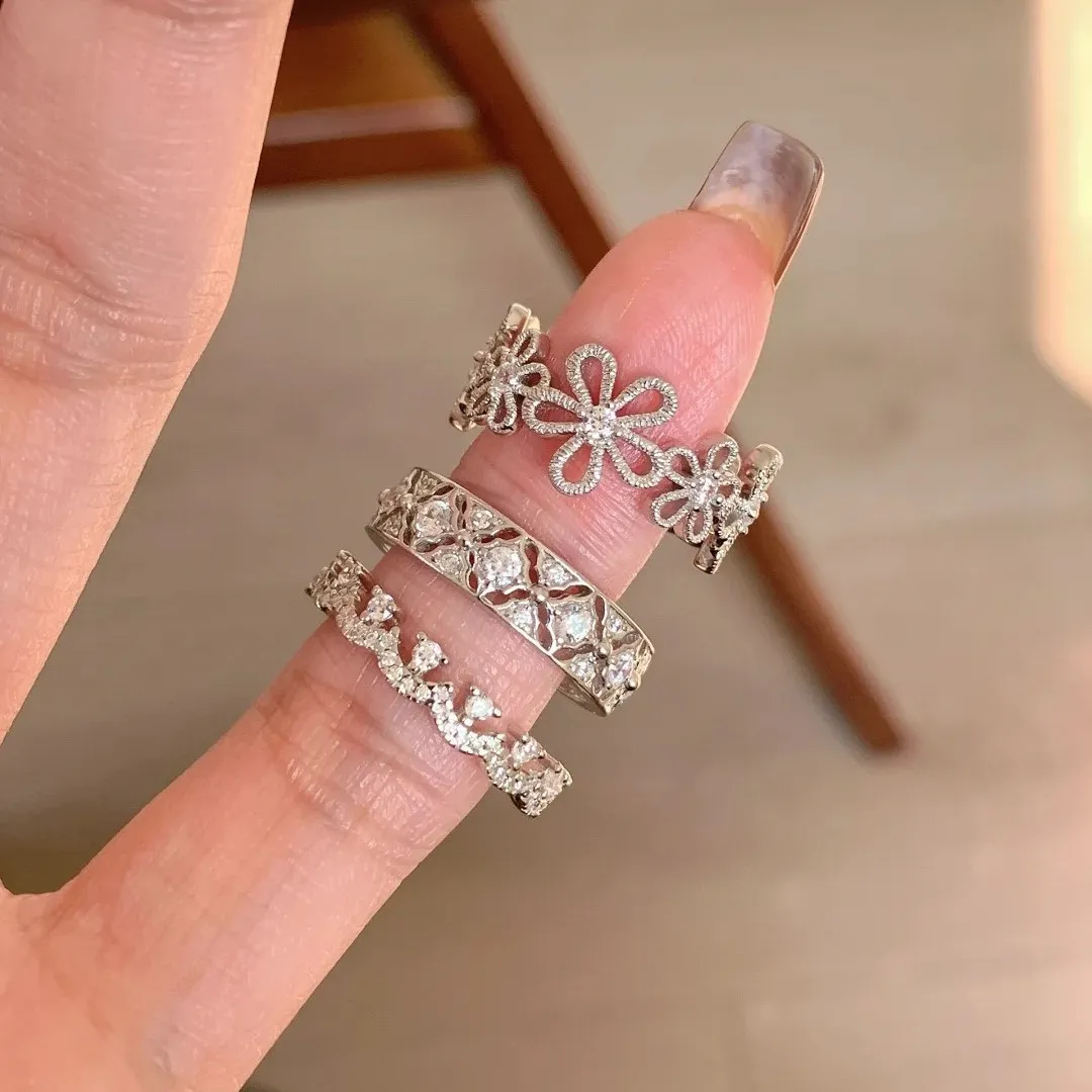 Women's Fashion Ring with Lace Hollow Five-Petal Flower Design - Japanese Korean Style Adjustable Opening Ring for Girls and Ladies thumbnail 1