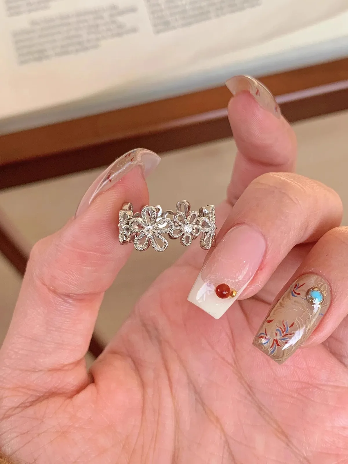 Women's Fashion Ring with Lace Hollow Five-Petal Flower Design - Japanese Korean Style Adjustable Opening Ring for Girls and Ladies showcase 5