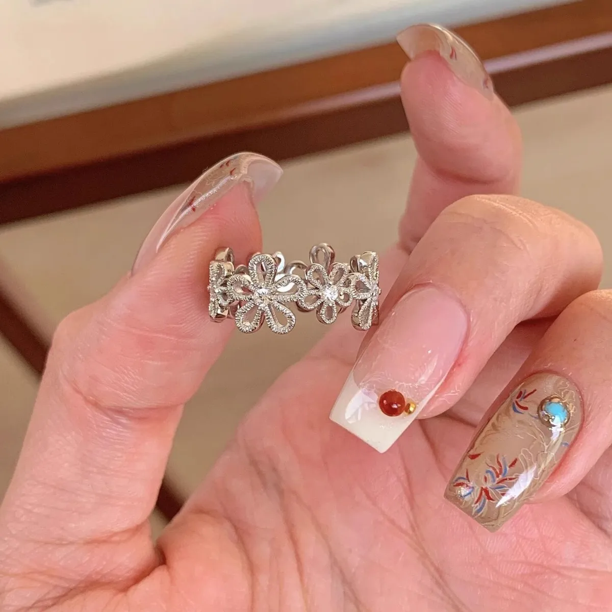 Women's Fashion Ring with Lace Hollow Five-Petal Flower Design - Japanese Korean Style Adjustable Opening Ring for Girls and Ladies thumbnail 5