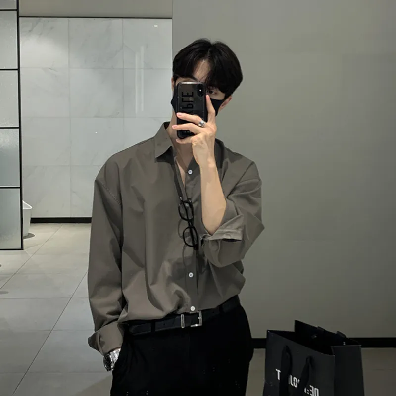 Men's Long Sleeve Dress Shirt - British Yuppie Style, High-End Grey Oversize Trendy Inner Shirt for Mature Style thumbnail 1