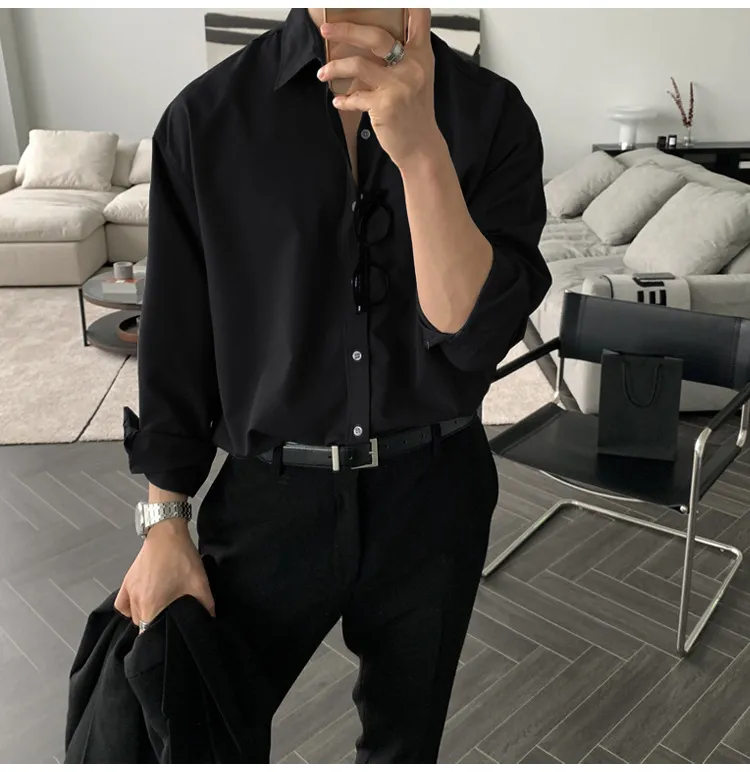 Men's Long Sleeve Dress Shirt - British Yuppie Style, High-End Grey Oversize Trendy Inner Shirt for Mature Style showcase 8