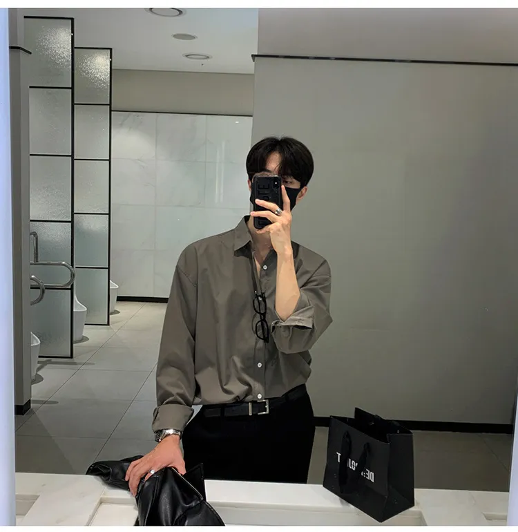 Men's Long Sleeve Dress Shirt - British Yuppie Style, High-End Grey Oversize Trendy Inner Shirt for Mature Style showcase 1