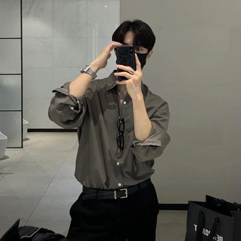 Men's Long Sleeve Dress Shirt - British Yuppie Style, High-End Grey Oversize Trendy Inner Shirt for Mature Style thumbnail 3