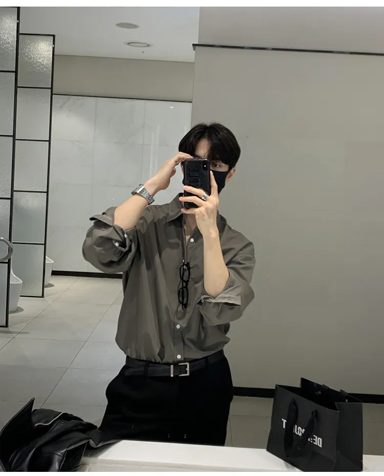 Men's Long Sleeve Dress Shirt - British Yuppie Style, High-End Grey Oversize Trendy Inner Shirt for Mature Style showcase 3