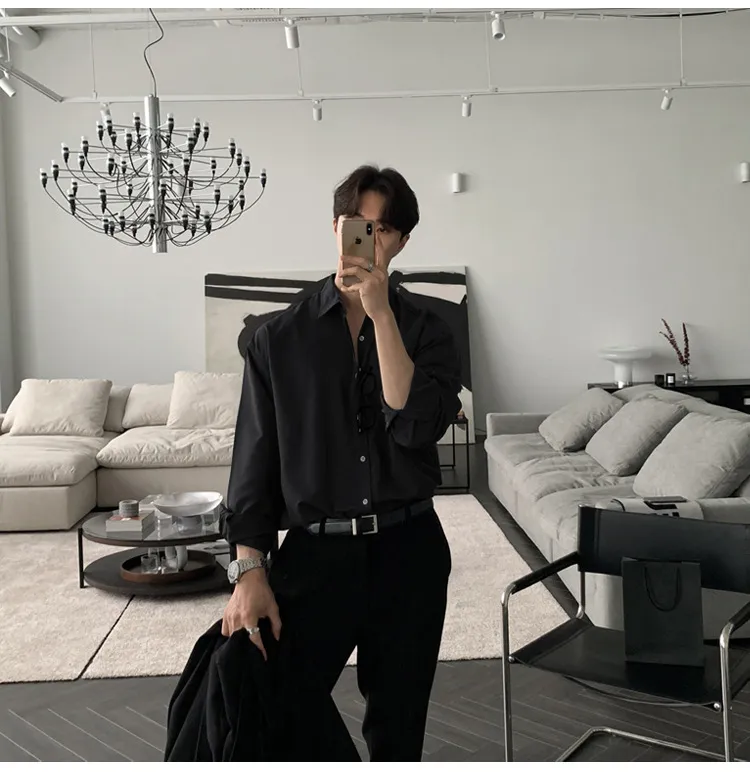 Men's Long Sleeve Dress Shirt - British Yuppie Style, High-End Grey Oversize Trendy Inner Shirt for Mature Style showcase 6