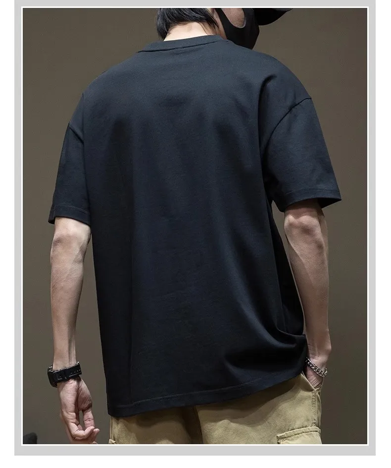 Men's Oversized Black T-Shirt Heavy Cotton Short Sleeve Plus Size Summer Top Loose Fit Round Neck Trendy Steel Print Tee showcase 7
