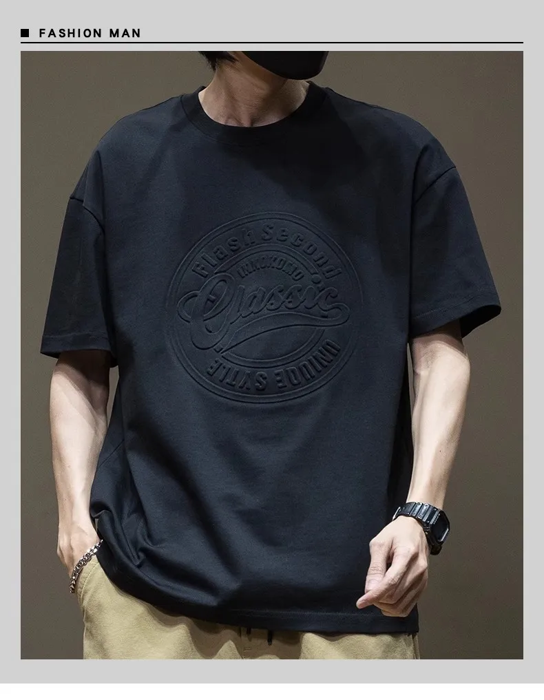 Men's Oversized Black T-Shirt Heavy Cotton Short Sleeve Plus Size Summer Top Loose Fit Round Neck Trendy Steel Print Tee showcase 2