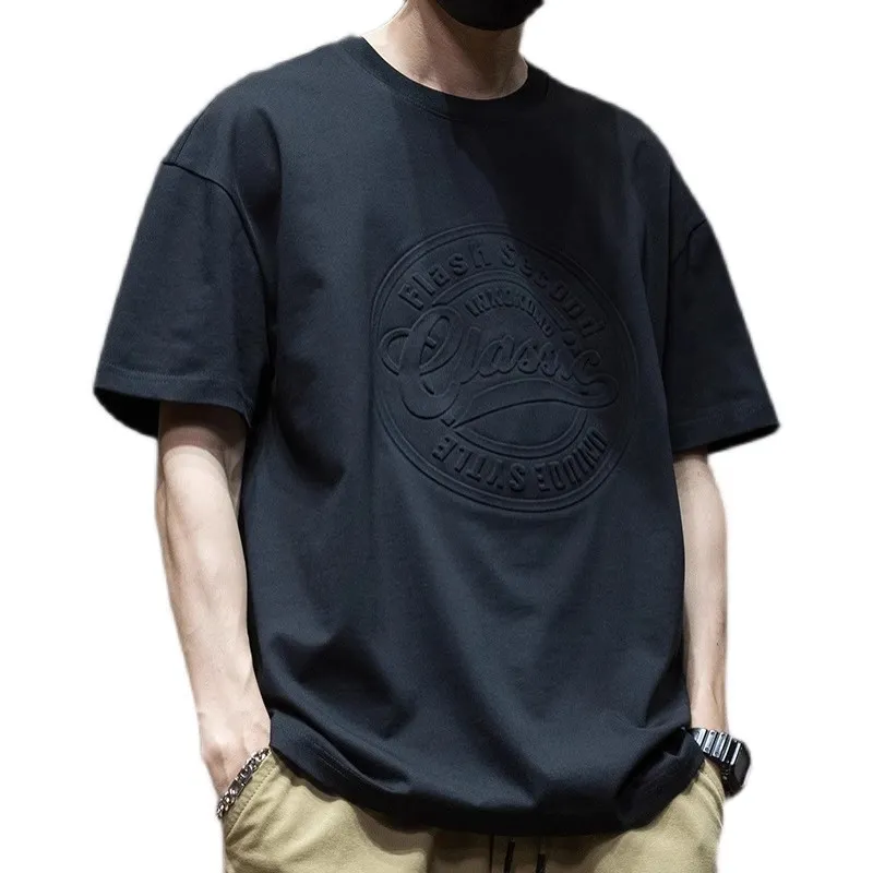 Men's Oversized Black T-Shirt Heavy Cotton Short Sleeve Plus Size Summer Top Loose Fit Round Neck Trendy Steel Print Tee thumbnail 5