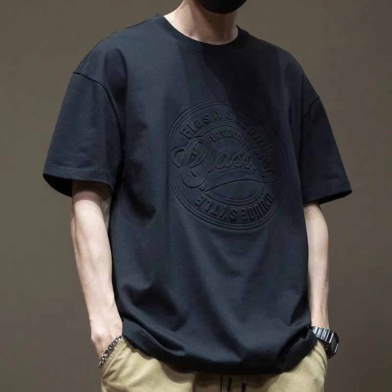 Men's Oversized Black T-Shirt Heavy Cotton Short Sleeve Plus Size Summer Top Loose Fit Round Neck Trendy Steel Print Tee thumbnail 1