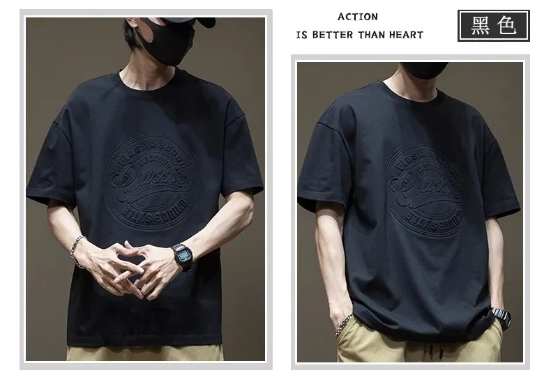 Men's Oversized Black T-Shirt Heavy Cotton Short Sleeve Plus Size Summer Top Loose Fit Round Neck Trendy Steel Print Tee showcase 6
