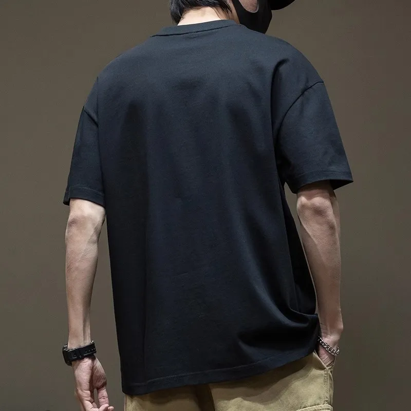 Men's Oversized Black T-Shirt Heavy Cotton Short Sleeve Plus Size Summer Top Loose Fit Round Neck Trendy Steel Print Tee thumbnail 3