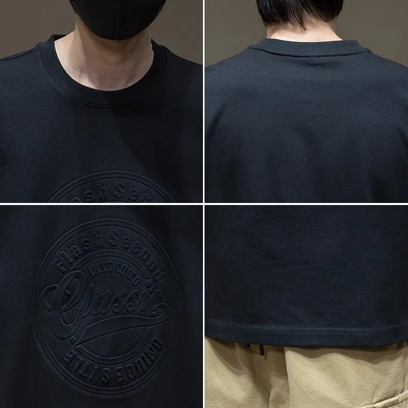 Men's Oversized Black T-Shirt Heavy Cotton Short Sleeve Plus Size Summer Top Loose Fit Round Neck Trendy Steel Print Tee thumbnail 4