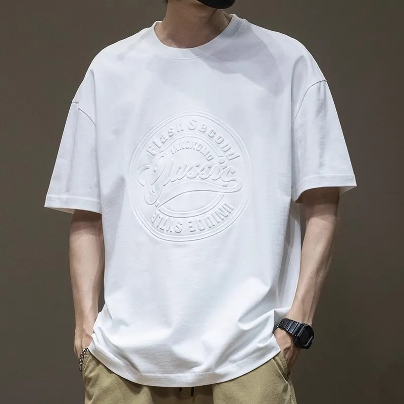 Men's Oversized Black T-Shirt Heavy Cotton Short Sleeve Plus Size Summer Top Loose Fit Round Neck Trendy Steel Print Tee thumbnail 2