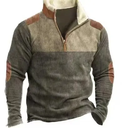 Men's Fur Collar Long Sleeve Jacket - Half Zip Printed Casual Fashion European American Trendy Coat for Spring Autumn showcase 16