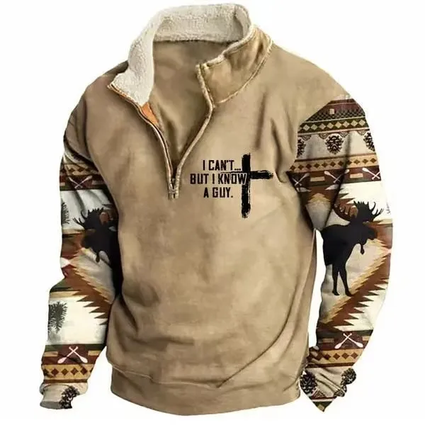 Men's Fur Collar Long Sleeve Jacket - Half Zip Printed Casual Fashion European American Trendy Coat for Spring Autumn showcase 2