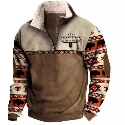 Men's Fur Collar Long Sleeve Jacket - Half Zip Printed Casual Fashion European American Trendy Coat for Spring Autumn thumbnail 3