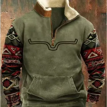 Men's Fur Collar Long Sleeve Jacket - Half Zip Printed Casual Fashion European American Trendy Coat for Spring Autumn showcase 10