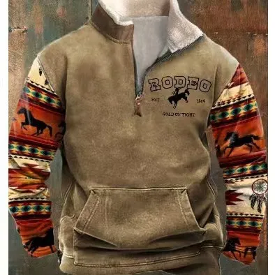 Men's Fur Collar Long Sleeve Jacket - Half Zip Printed Casual Fashion European American Trendy Coat for Spring Autumn showcase 9