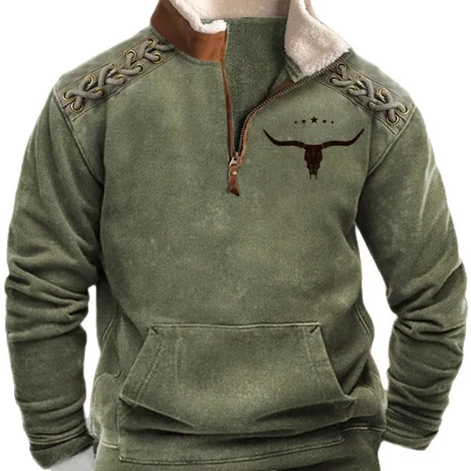 Men's Fur Collar Long Sleeve Jacket - Half Zip Printed Casual Fashion European American Trendy Coat for Spring Autumn thumbnail 5