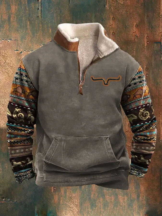 Men's Fur Collar Long Sleeve Jacket - Half Zip Printed Casual Fashion European American Trendy Coat for Spring Autumn showcase 8