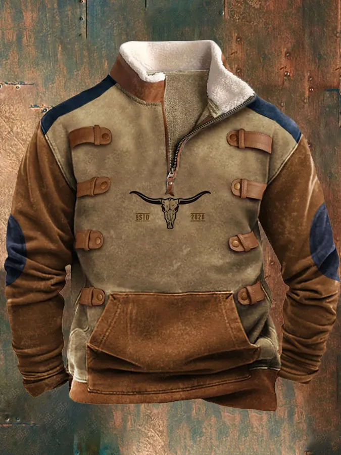 Men's Fur Collar Long Sleeve Jacket - Half Zip Printed Casual Fashion European American Trendy Coat for Spring Autumn thumbnail 9