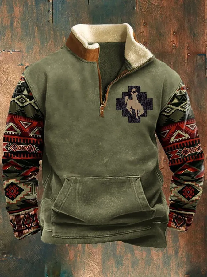 Men's Fur Collar Long Sleeve Jacket - Half Zip Printed Casual Fashion European American Trendy Coat for Spring Autumn showcase 11
