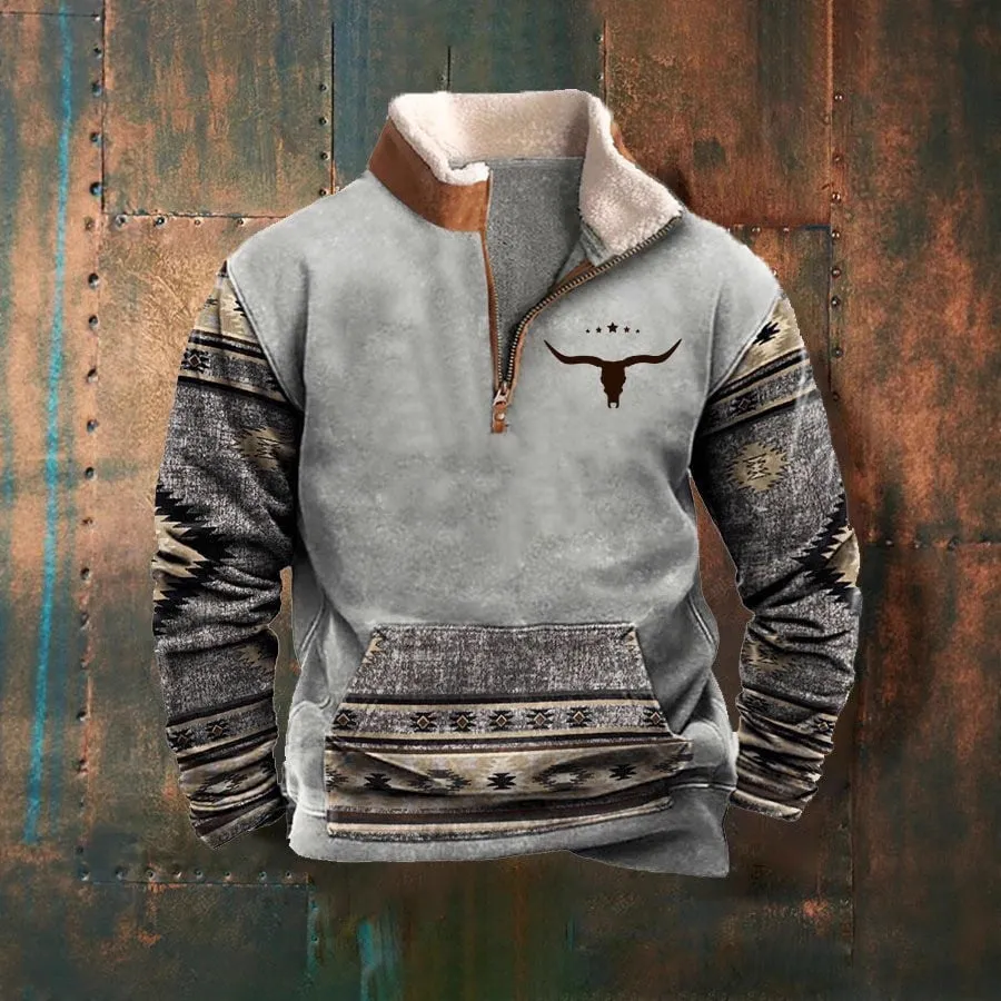 Men's Fur Collar Long Sleeve Jacket - Half Zip Printed Casual Fashion European American Trendy Coat for Spring Autumn thumbnail 1