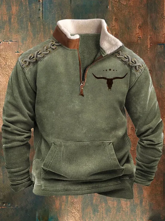 Men's Fur Collar Long Sleeve Jacket - Half Zip Printed Casual Fashion European American Trendy Coat for Spring Autumn thumbnail 8